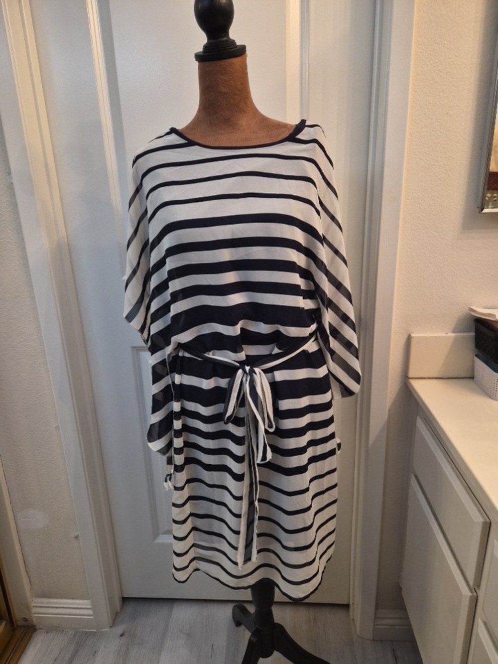 Coldwater Creek Black and White Striped Swim Coverup with Tie Waist